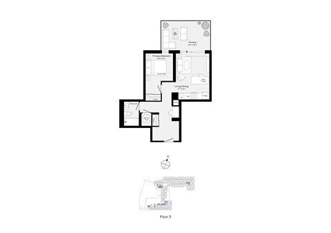 Floor plan for 1 bed, 1 bath, 597 sqft